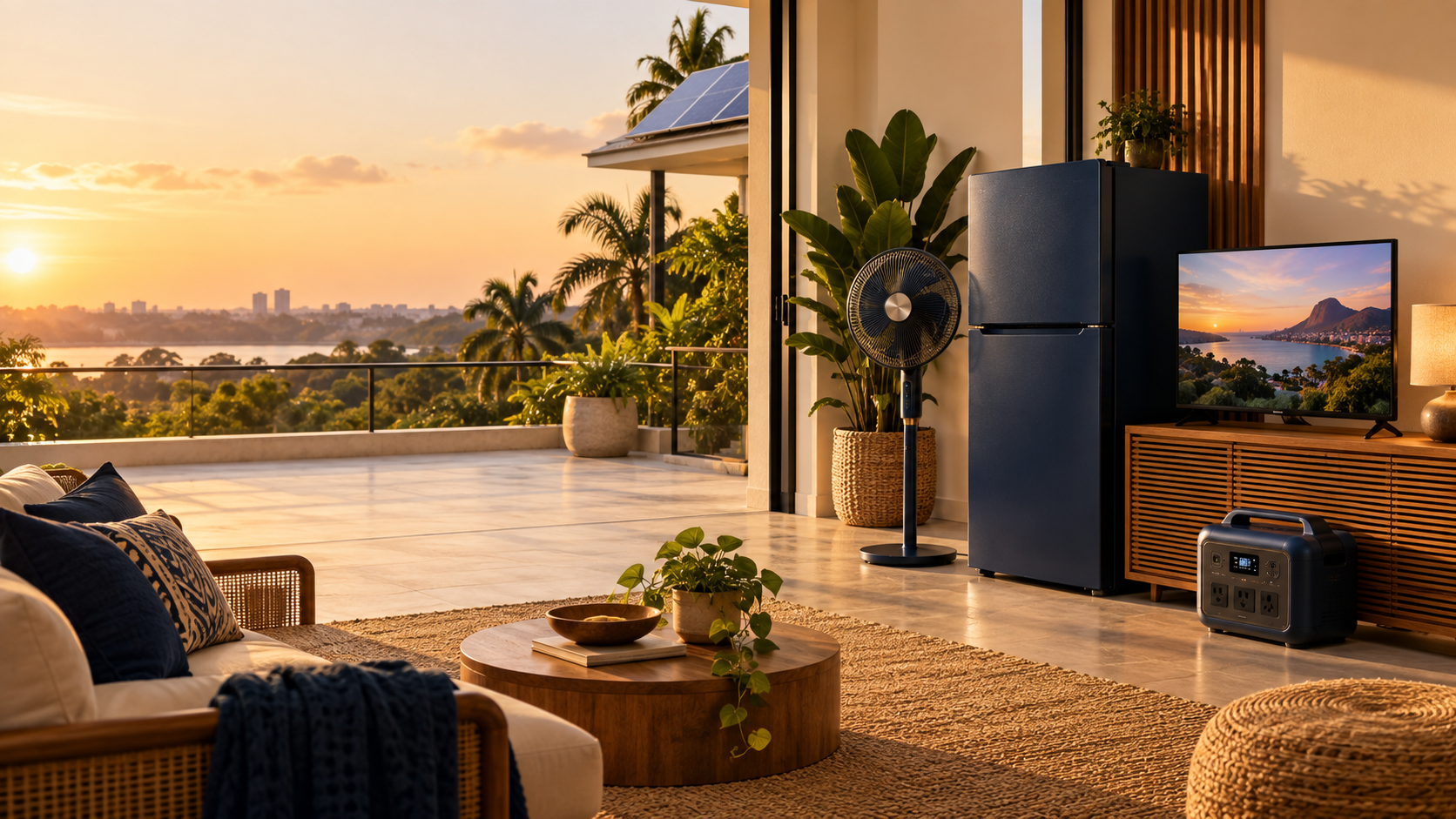 Solar refrigerator, fan, television and power station in a bright modern home
